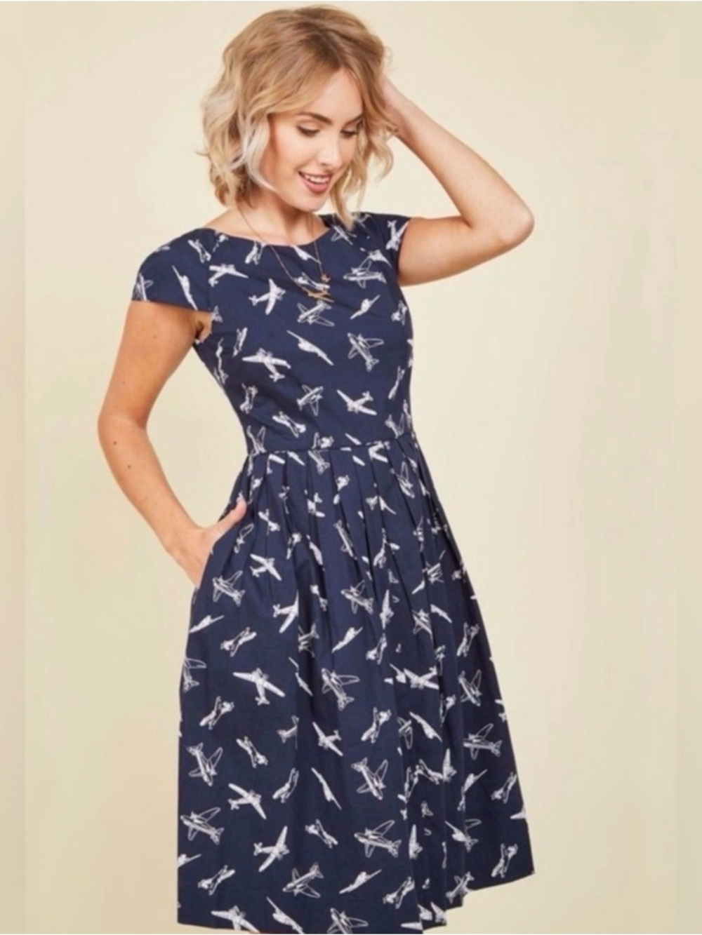 Navy Blue Airplane Print Fit-and-Flare Dress. Large.